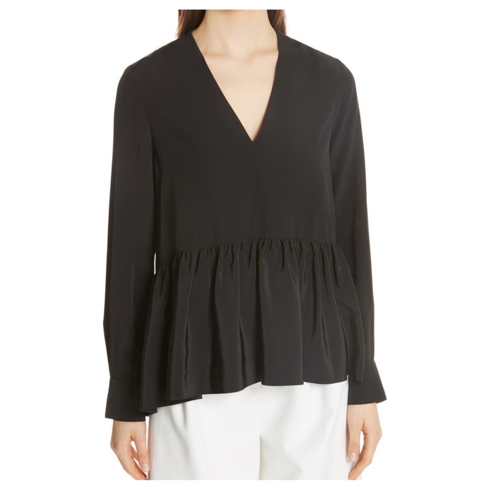 Tibi V-Neck Long-Sleeve Silk Crepe de Chine Peplum Top V Neck Peplum Black Sz 4